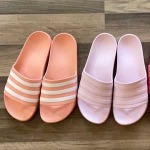 Worn Adidas peach and lavander sandals